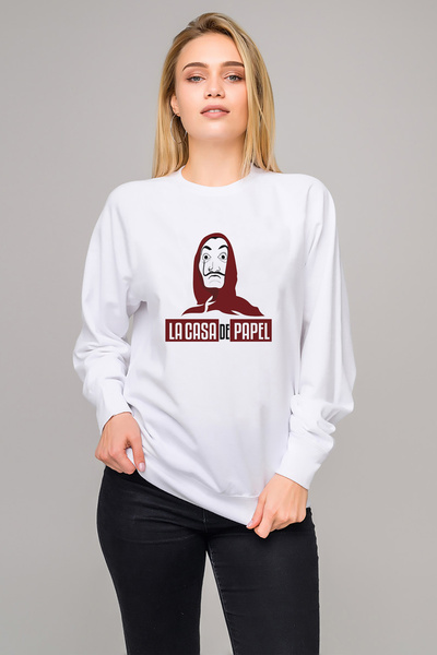 QIVI La Case De Papel Hodie Printed White Women's Knitted Sweatshirt Long Sleeve