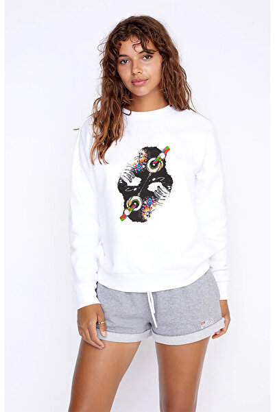 QIVI Dj Monkey Printed White Women's Knitted Sweatshirt Long Sleeve
