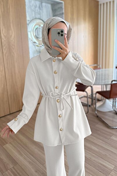 Ka Hijab Corded Fabric Sets with Gold Button Detail - White