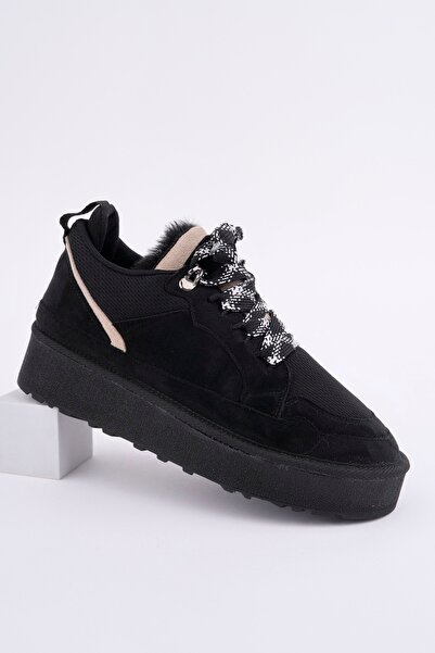 SNİCKER Black Fur Comfortable Lace-Up Sneakers Noble