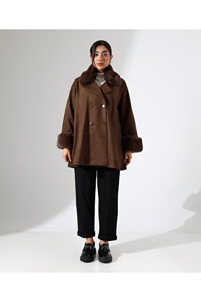 Fi'l Arz Fashion Women's Button Closure Fur Detail Jacket