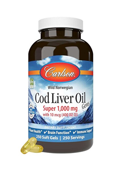 Carlson Wild Norwegian Cod Liver Oil Gems, Super 1000 Mg, 250 Soft Gels