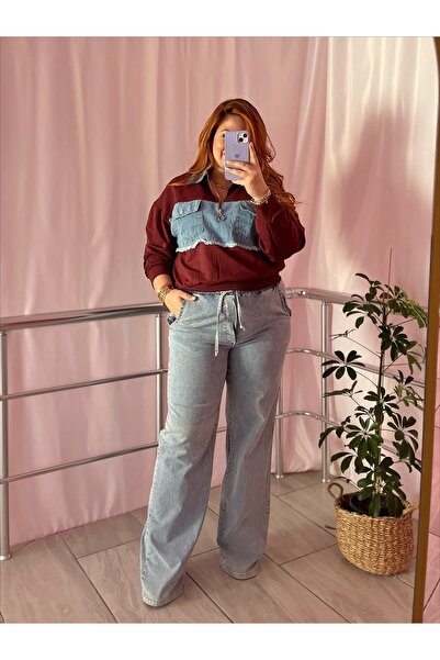 NO BRAND Bordo Denim Detaylı Sweatshirt
