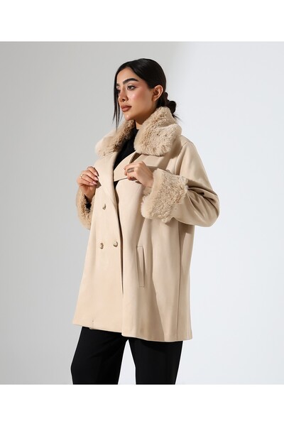 Fi'l Arz Fashion Women's Button Closure Fur Detail Jacket