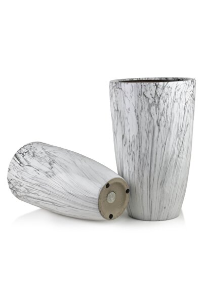 Mondex Since 1986 NEVA MARBLE set of 2 ceramic pots 39x39x62 & 31x31x58 cm, white-grey