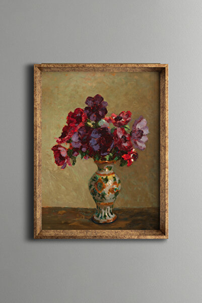 epiqart Anemonlar ve Desenli Çiçek Vazosu - Vintage Desenli Çerçeve