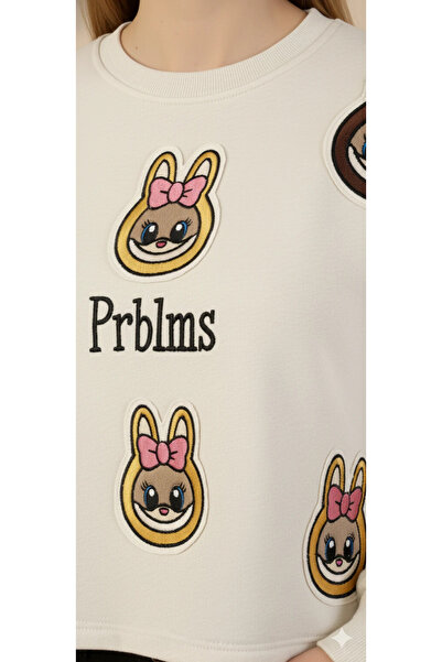 cemo Women's Labubu Character Patch Detailed Crop Sweat Crew Neck Long Sleeve Short Sweat