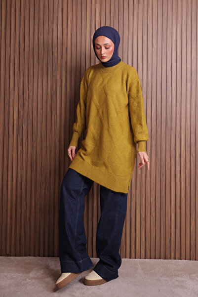 Balenbi Women's Crew Neck Diamond Pattern 80cm Soft Knitwear Tunic 1140