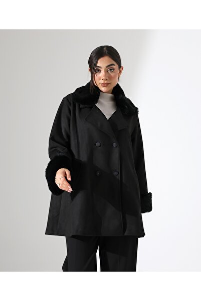 Fi'l Arz Fashion Women's Button Closure Fur Detail Jacket