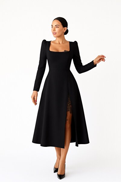 Chanttal Chanttal casual dress, black, size 44, midi, long sleeve with lace