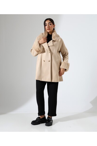 Fi'l Arz Fashion Women's Button Closure Fur Detail Jacket