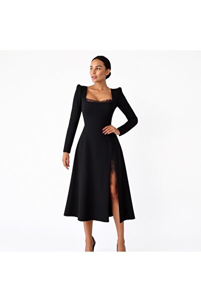 Chanttal Chanttal casual dress, black, size 44, midi, long sleeve with lace