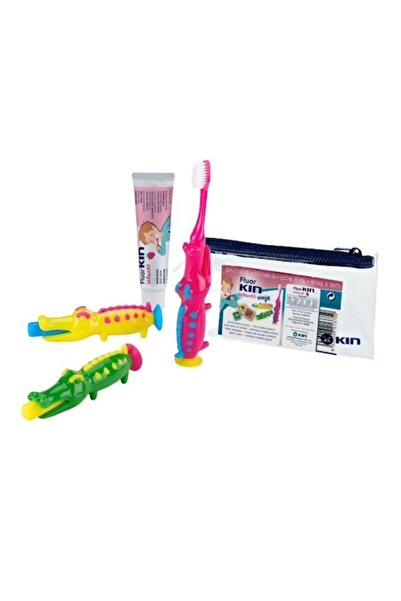 KIN Travel Crocodile Kit - Fluor Children's Toothpaste 25 ml and Travel Toothbrushes