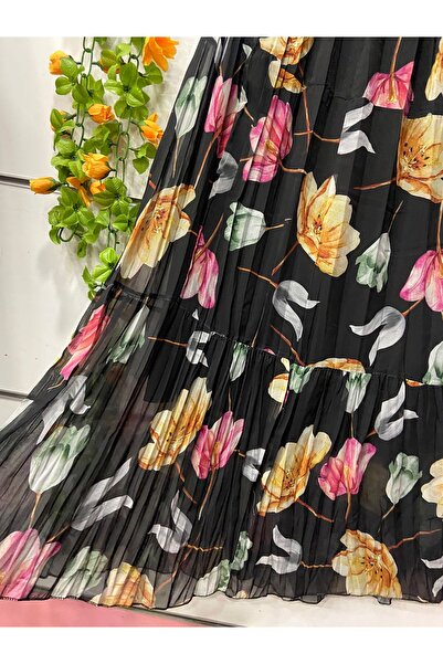 edu collection Floral Patterned Layered Chiffon Skirt with Lining