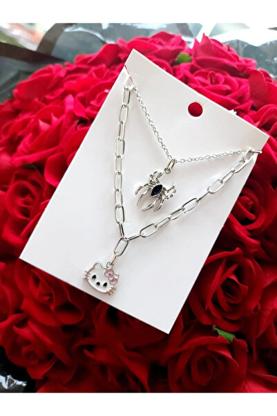 STAİNLES Kitsch Kâbus Double Set: Cute Cat and Spider Necklace