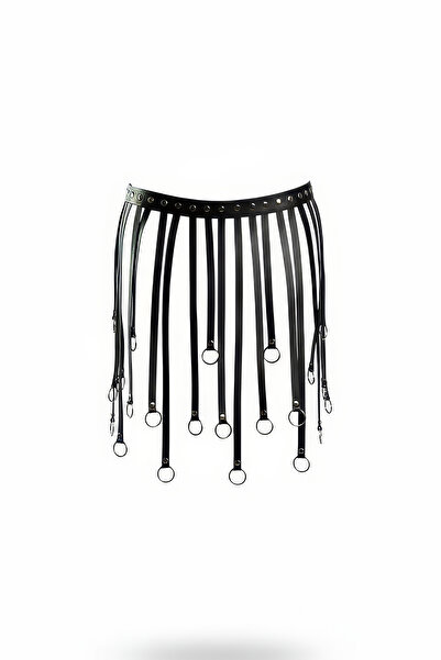 Angels Passion Black Tassel Laser Cut Leather Skirt, Ring Detailed Tassel Leather Skirt