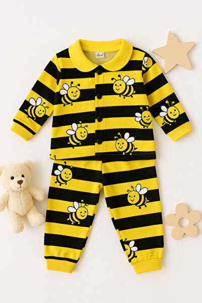 AKİ MODA KİDS Girls Boys Unisex Baby Bee Pattern Pajamas Set Top and Bottom 2 Pieces Cotton