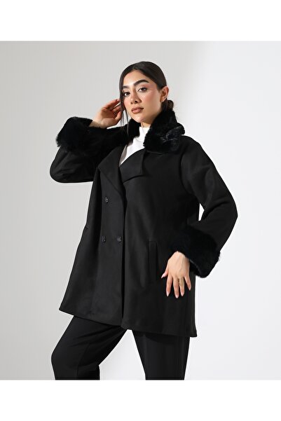 Fi'l Arz Fashion Women's Button Closure Fur Detail Jacket