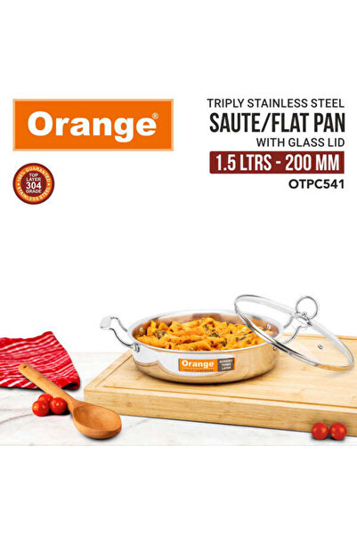 Orange Stainless Steel Triply Saute Pan with Glass Lid - 1.5L,2.5mm
