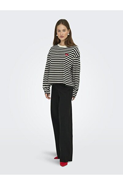 ONLY Кадин Сиях Онливина L/s O-neck Stripe Top Jrs Суитшърт 15359682-Черно