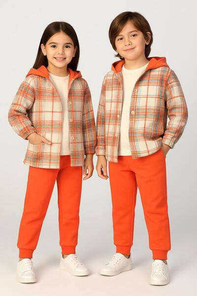 RAPAPA Girls and Boys Orange Checkered Hooded 3-Piece Suit – Stylish and Comfortable Casual Combination 4140