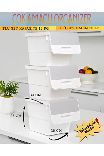 DOĞANLI ORGANİZER 3’lü Kapaklı Sepet Tekerleksiz Patates-Soğan Erzak Saklama Kutusu Oyuncak İçin Organizer Rafı