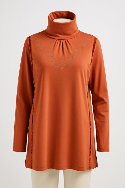 Şans Women's Plus Size Orange, Turtleneck, Velvet Trim and Stone Detail Blouse 65N39245