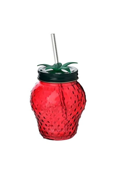 Allesken Modern Kitchen glass cup, 450ml, strawberry, with straw