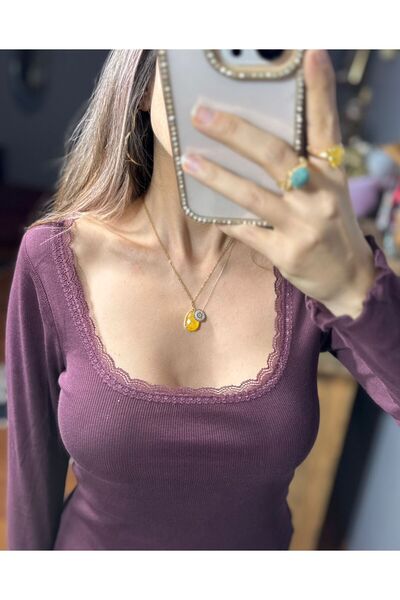 LUJJE Lace Detailed U Neck Corded Fabric Blouse