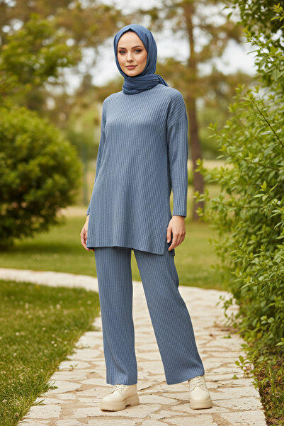 Zeneva Collection Ανοιχτό μπλε ριμπ σετ δύο τεμαχίων (Μπλούζα & Παντελόνι)