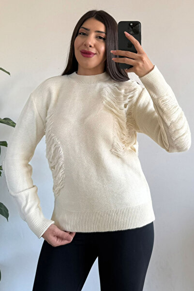 CİDDE Pulover tricotat cu detaliu rupt din fire metalice pentru femei NEGRU