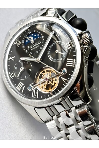 Ferrucci Automatic (Battery-Free) Men's Wristwatch, Steel Band, Waterproof, Silver - Black Color Bracelet Gift