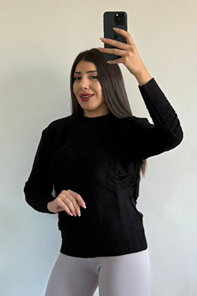 CİDDE Pulover tricotat cu detaliu rupt din fire metalice pentru femei NEGRU