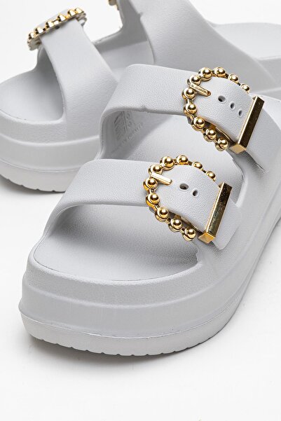 CCWAY AYAKKABI Women's Flat Slippers with 2 Buckles Gray