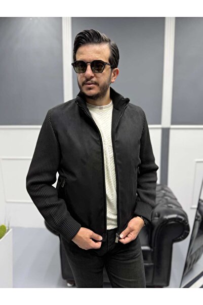 Avni Ceylan Men's Nubuck Knitwear Sleeve Detailed Slim Fit Coat