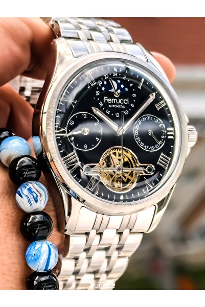 Ferrucci Automatic (Battery-Free) Men's Wristwatch, Steel Band, Waterproof, Silver - Navy Blue Color Bracelet Gift
