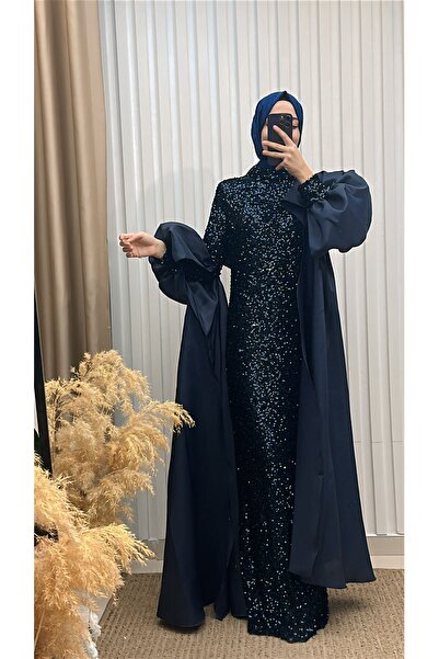 MERVE TESETTÜR فستان سهرة بتصميم مطرز بالترتر وأكمام من الساتان