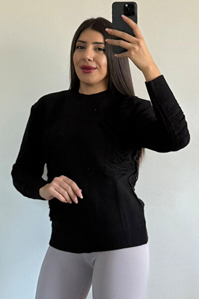 CİDDE Pulover tricotat cu detaliu rupt din fire metalice pentru femei NEGRU