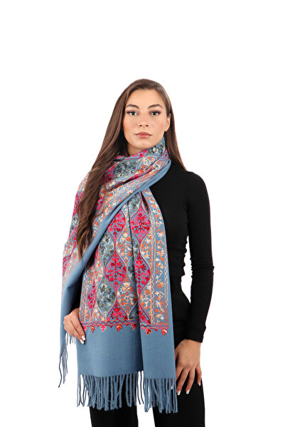 Bursa İpek Indigo Embroidered Winter Shawl