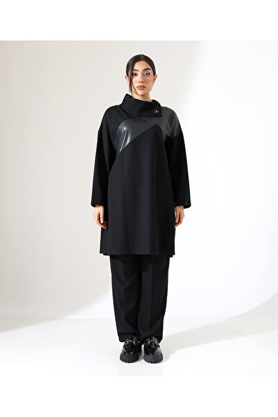 Fi'l Arz Fashion Women's Swallow Collar Leather Detail High Neck Two Piece Set