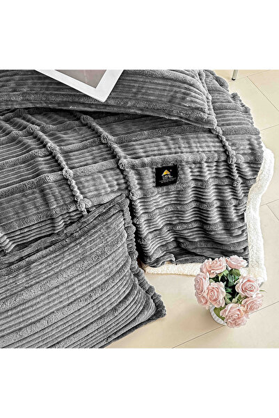 OEM Anthracite Grey 3D Faux Rabbit Fur Blanket & 2 Pillowcases Set