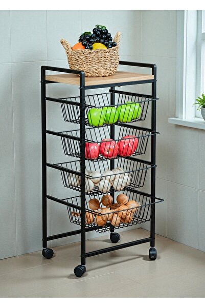 Bye Concept More DEKORATİF TEKERLEKLİ METAL SEBZELİK 4 TEL SEPETLİ ÇAM AHŞAP RAFLI ÇOK AMAÇLI STAND