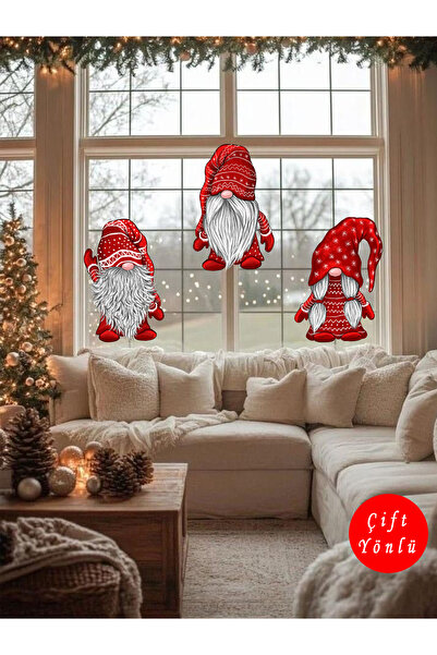 aiki Şeffaf Çift Yön, Yılbaşı Süsü, Kırmızı Cüceler Dekoratif Cam , Sticker