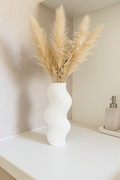 3DPROGA Dalgalı Tasarım 3D Baskı Dekoratif Vazo – Beyaz (18 cm)