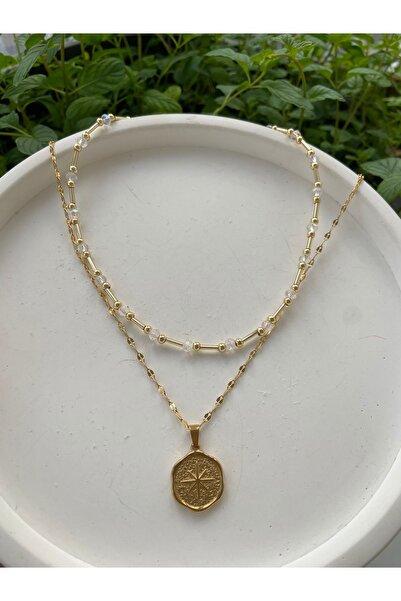 Anetta Jewelry Kadın altın renk kuzey yıldız ve choker boncuklu ikili çelik k...