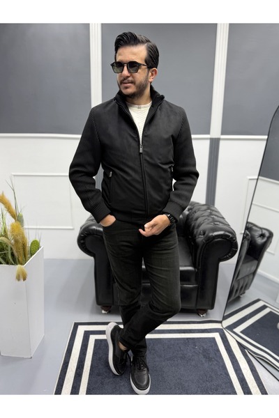 Avni Ceylan Men's Nubuck Knitwear Sleeve Detailed Slim Fit Coat