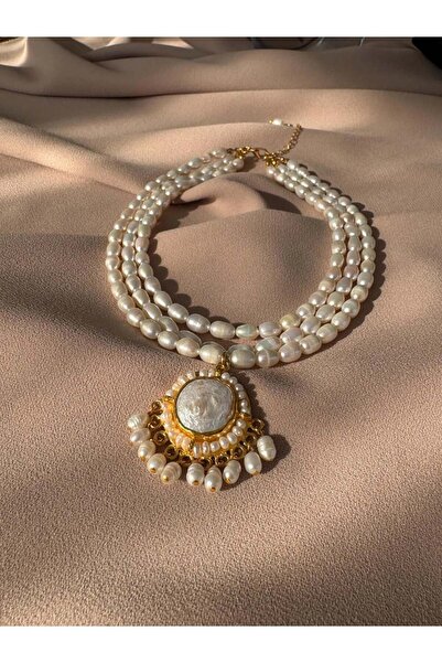BuinJewellery Üç Sıra Tasarım Madalyon İnci Kolye