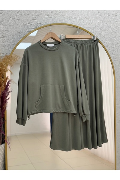 BENAHOLL Dariana Kangru Pocketed Tunic with Tightened Skirt Set-Nl678 Khaki