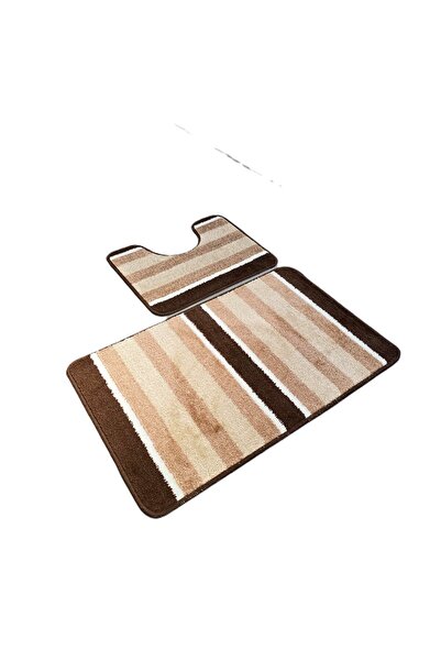 Kotonia Home Set of 2 bath mats anti-slip membrane, 100% synthetic fibers, brown, 50×40 cm, 50×80 cm, Sandy Adda