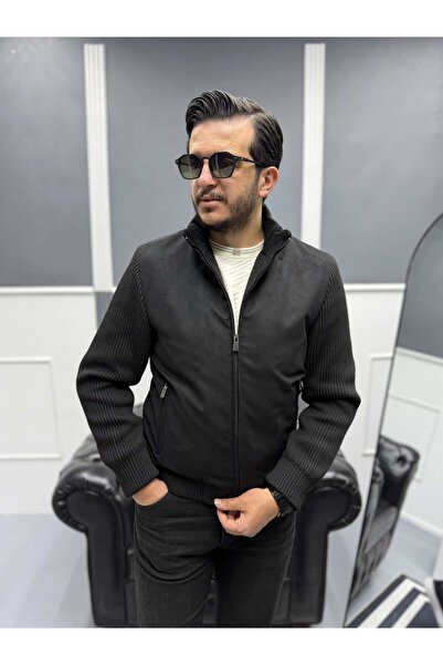 Avni Ceylan Men's Nubuck Knitwear Sleeve Detailed Slim Fit Coat